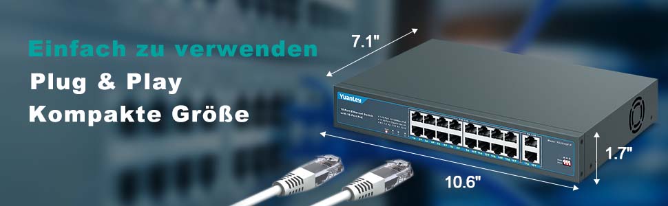 YuanLey 26 Port PoE-Switch im Metallgehäuse mit 24 PoE-Ports und zwei Gigabit-Uplinks auf der Frontseite. – Detail 4