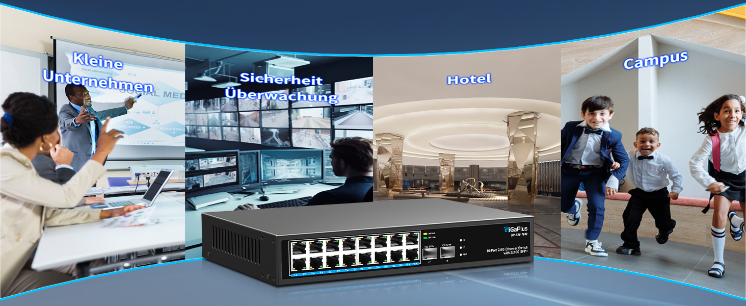 GiGaPlus S25-1602 Netzwerk-Switch im schwarzen Metallgehäuse mit sechzehn 2.5G-RJ45-Ports und zwei 10G-SFP+-Steckplätzen. – Detail 4