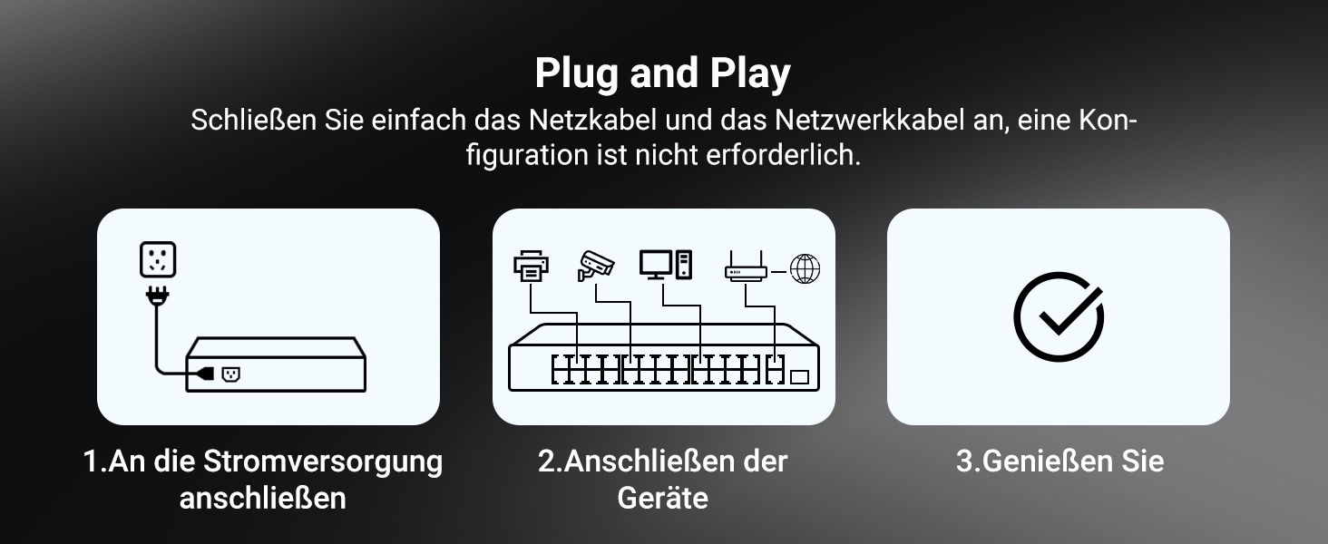 NICGIGA NIC-GS2421P PoE-Switch im schwarzen Metallgehäuse mit 24 PoE-Ports, zwei Uplink-Ports und SFP-Steckplatz. – Detail 4