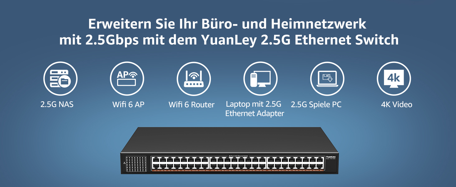 YuanLey YS25-4800-EU 48-Port 2,5G Switch im schwarzen Metallgehäuse für die 19-Zoll-Rackmontage – Detail 4