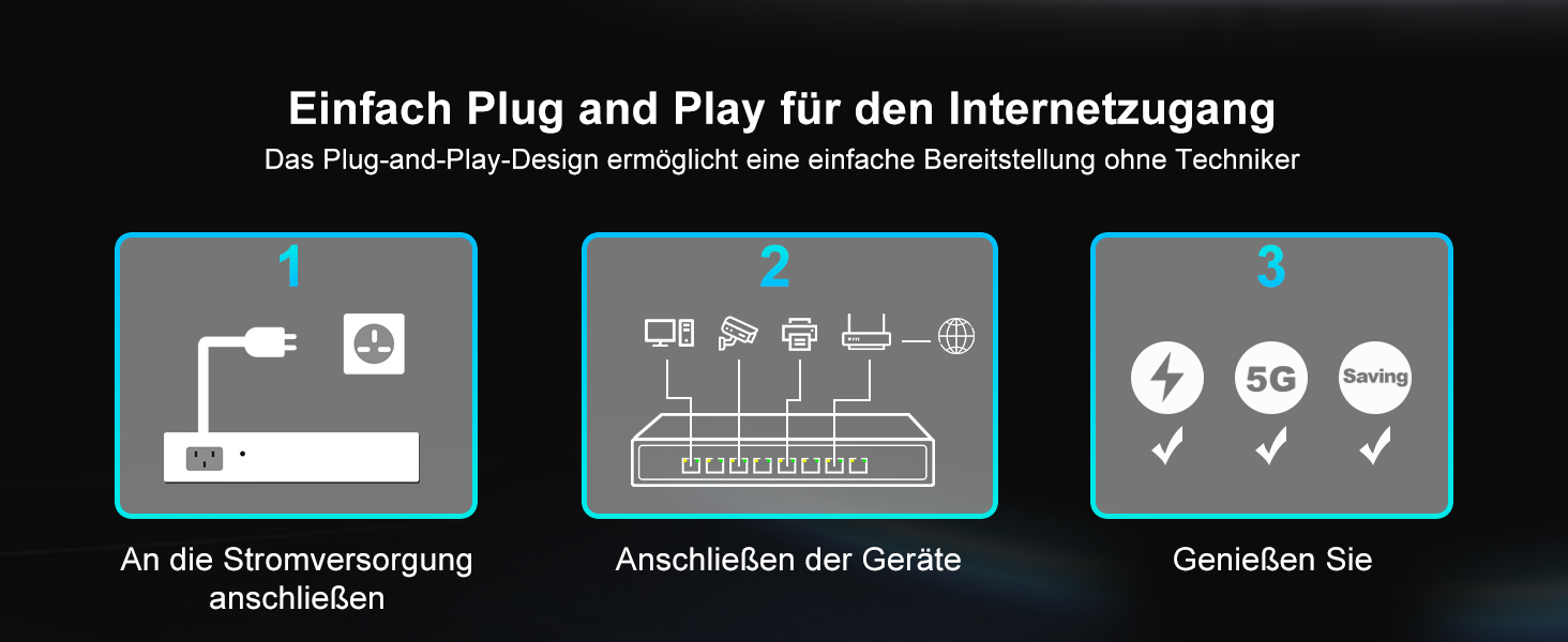 GiGaPlus S50-0800 Netzwerk-Switch mit acht RJ45-Anschlüssen für je 5 Gbit/s in schwarzem Gehäuse – Detail 4