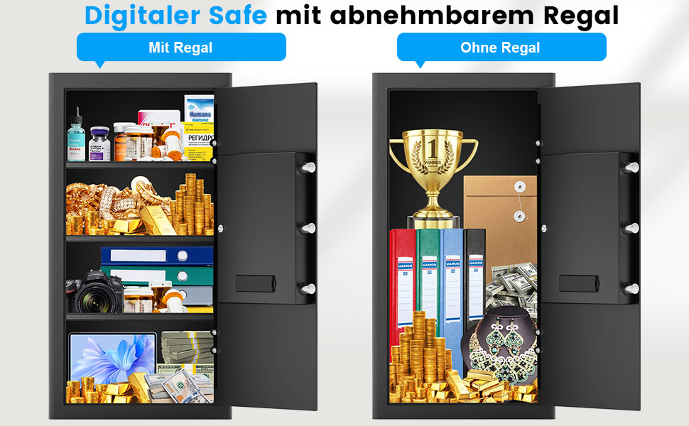Schwarzer Tiskgg Standtresor mit 85 Liter, beleuchtete Tastatur des Zahlenschlosses und Drehknauf, geöffnete Tür mit herausnehmbarem Regal – Detail 4