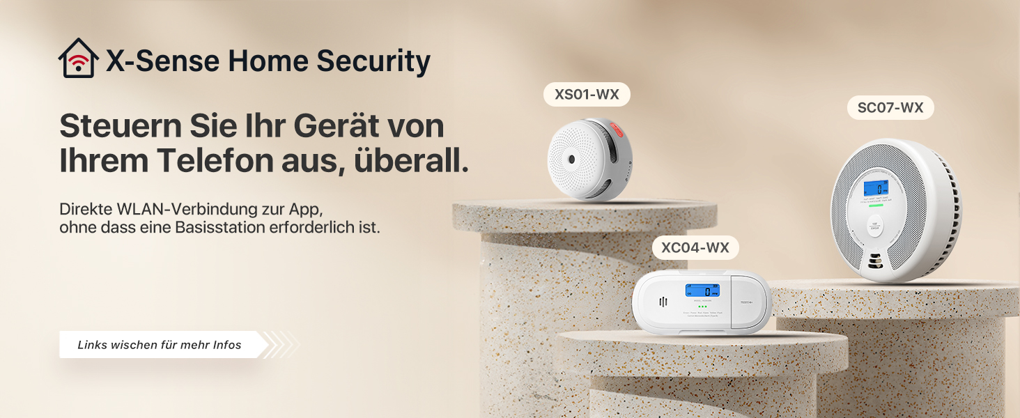 Sechs weisse X-Sense XS01-WX WLAN-Rauchmelder mit runder Testtaste in der Mitte – Detail 4