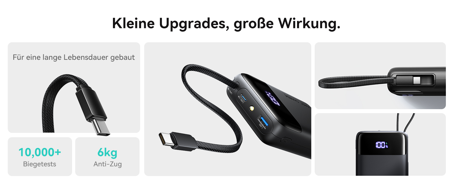 INIU P51L Powerbank 20000 mAh in Schwarz mit integriertem USB-C-Kabel und Prozentanzeige – Detail 4