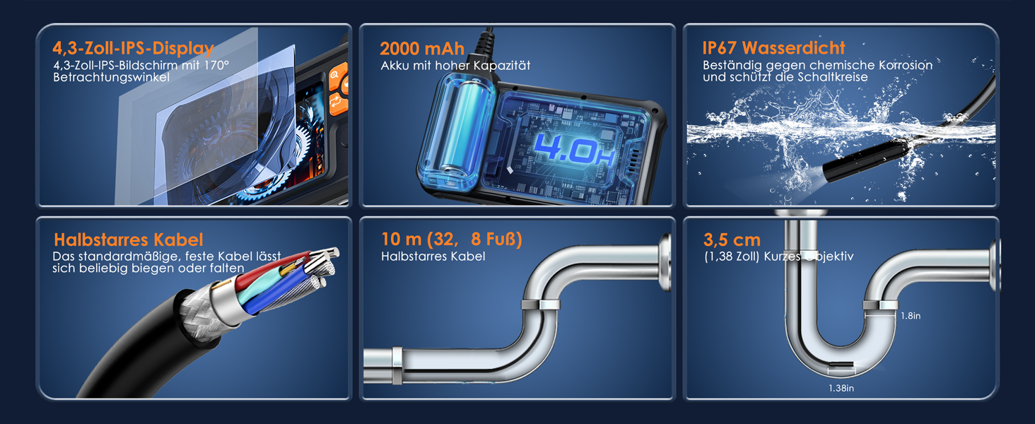 SKYBASIC P100-10M Endoskopkamera mit 4,3-Zoll-Bildschirm und 10 Meter halbstarrem Kabel – Detail 5