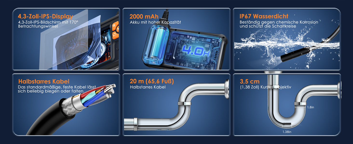 SKYBASIC P100-20M Endoskopkamera mit 4,3-Zoll-Bildschirm und 20 Meter halbstarrem Kabel – Detail 5