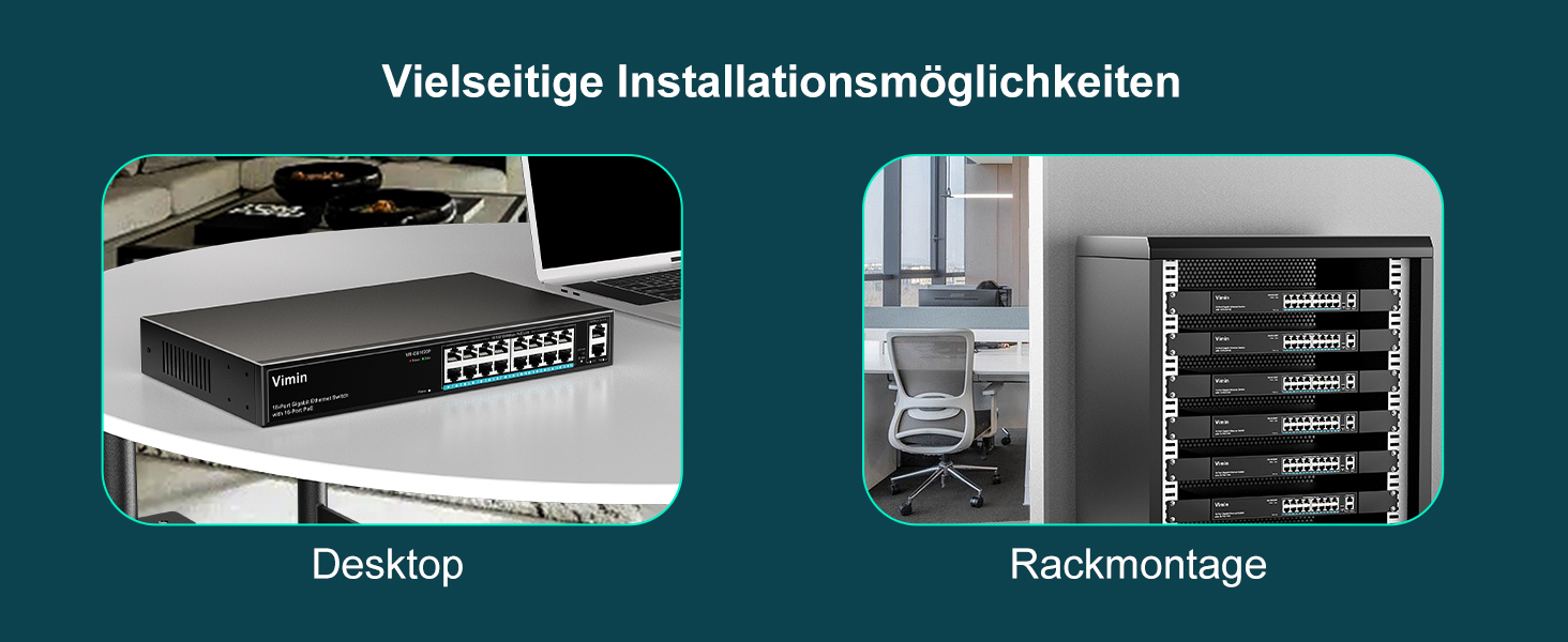 VIMIN 16-Port PoE-Switch mit 250 W Budget im Metallgehäuse – Detail 5