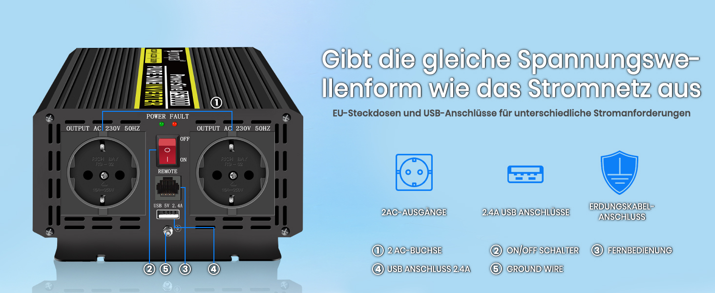 NOVOPAL Wechselrichter 3000 Watt von 12 Volt auf 230 Volt mit reiner Sinuswelle – Detail 5