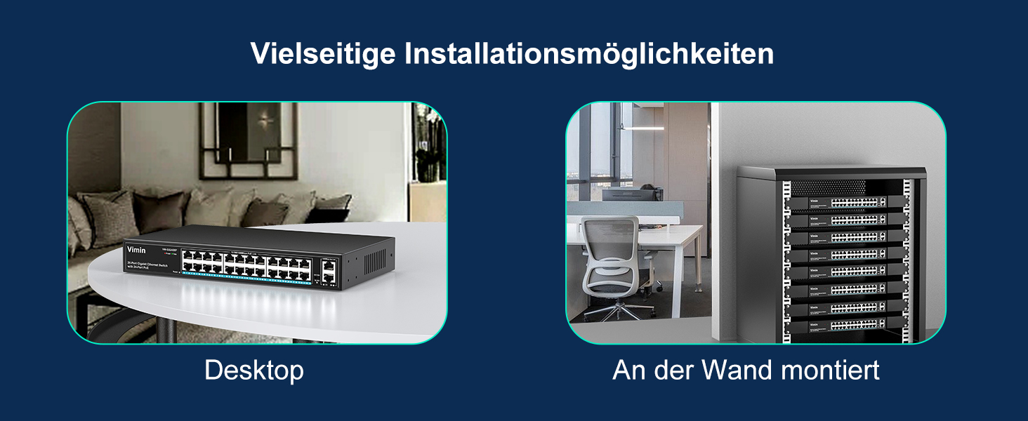 VIMIN 24-Port PoE-Switch mit 320 W Budget im Metallgehäuse für Rackmontage – Detail 5