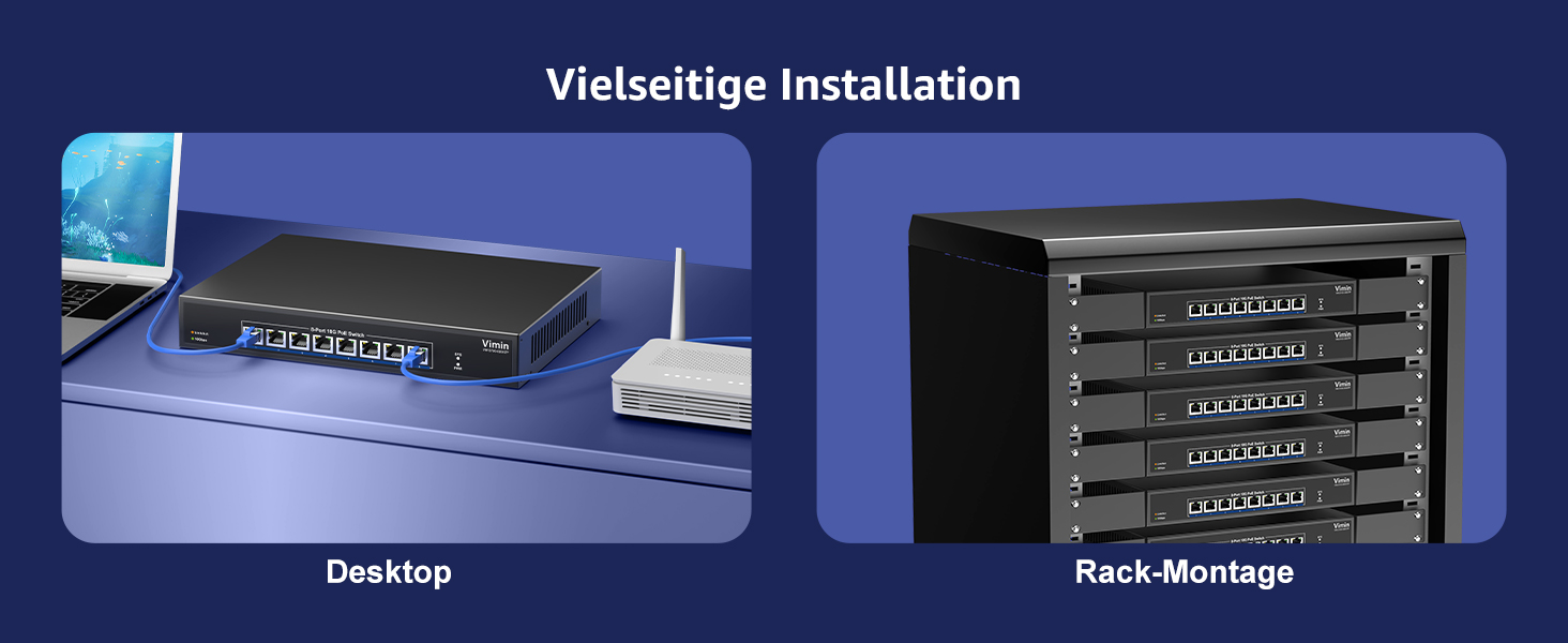 Schwarzer VIMIN 10-Gigabit-PoE-Switch mit acht RJ45-Ports im Metallgehäuse, Frontansicht. – Detail 5