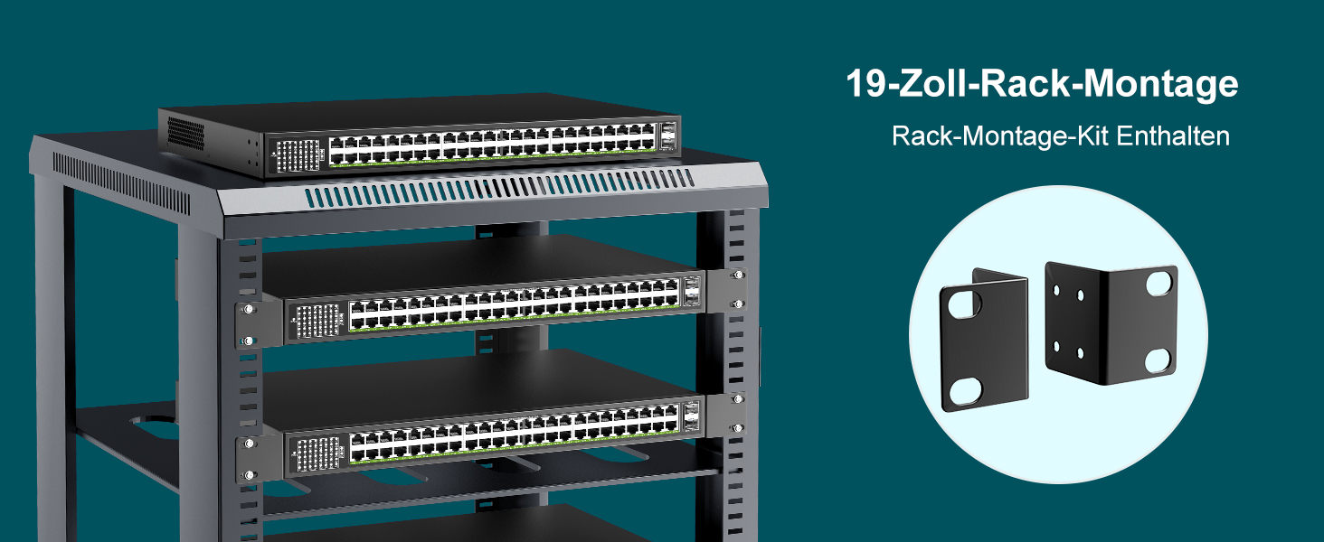 Schwarzer 19-Zoll-PoE-Switch VIMIN VM-GS4802P mit 48 Gigabit-Ports und zwei SFP-Uplinks an der Frontseite. – Detail 5