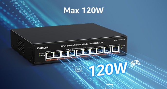 Schwarzer YuanLey 2,5-Gigabit-PoE-Switch mit acht PoE-Ports und zwei 10-Gigabit-Uplinks im lüfterlosen Metallgehäuse. – Detail 5