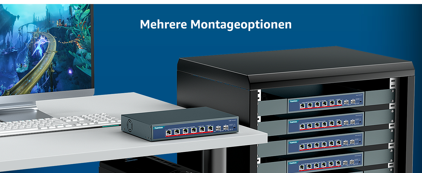 YuanLey Netzwerk-Switch im Metallgehäuse mit sechs RJ45-Anschlüssen und zwei SFP+-Steckplätzen an der Frontseite. – Detail 5