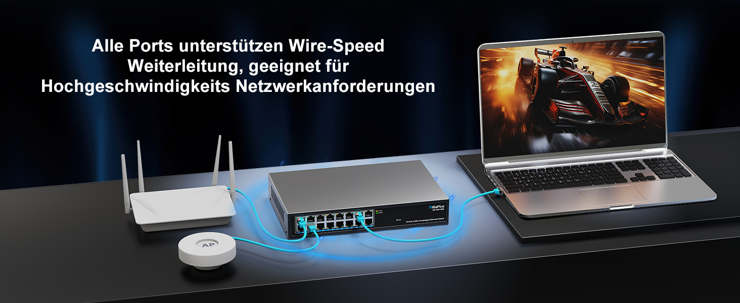 GiGaPlus S25-1600 Netzwerk-Switch im schwarzen Metallgehäuse mit 16 RJ45-Anschlüssen in einer Reihe an der Frontseite. – Detail 5