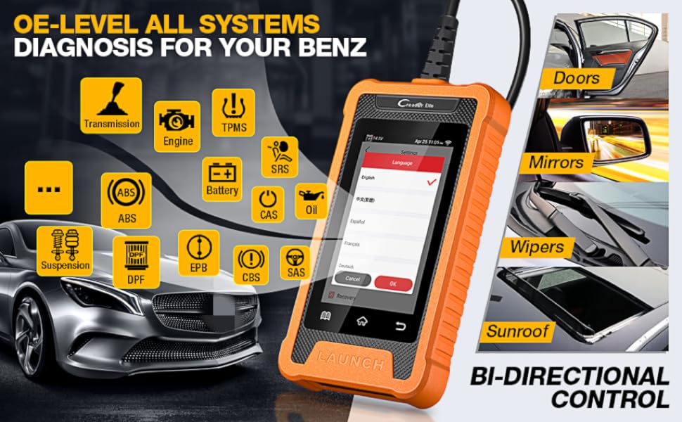 LAUNCH Creader Elite Diagnosegerät mit 4-Zoll-Touchscreen und angeschlossenem Diagnosekabel. – Detail 3