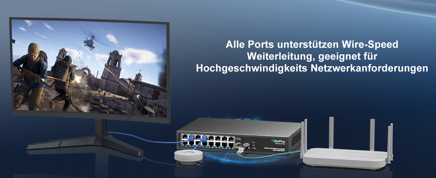 GiGaPlus S25-1602 Netzwerk-Switch im schwarzen Metallgehäuse mit sechzehn 2.5G-RJ45-Ports und zwei 10G-SFP+-Steckplätzen. – Detail 5