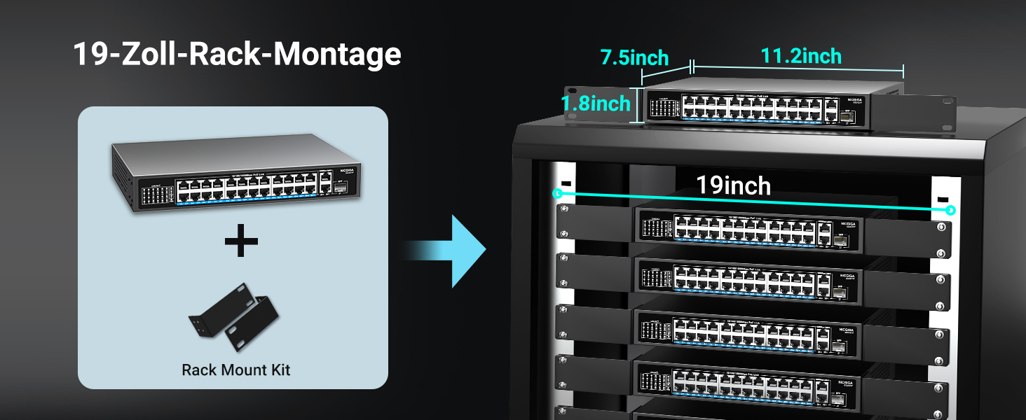 NICGIGA NIC-GS2421P PoE-Switch im schwarzen Metallgehäuse mit 24 PoE-Ports, zwei Uplink-Ports und SFP-Steckplatz. – Detail 5