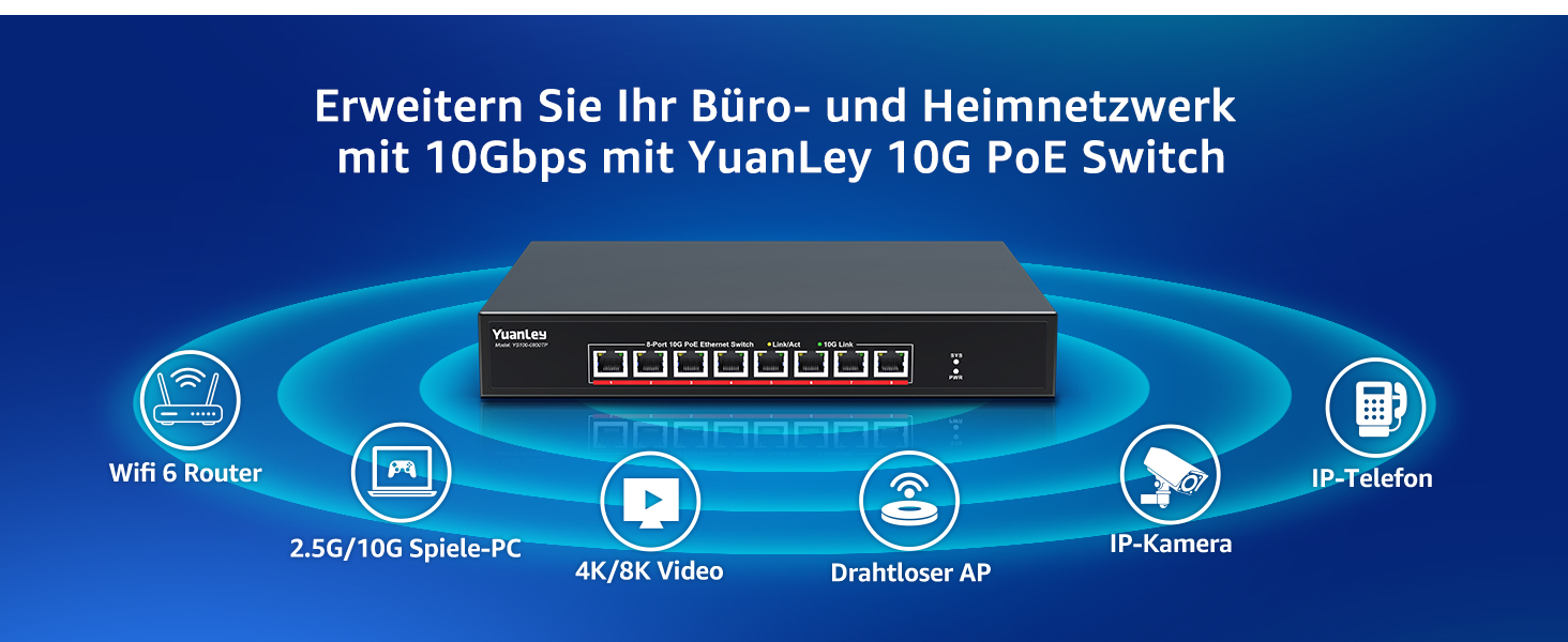 YuanLey YS100-0800TP 8-Port 10G PoE Switch im schwarzen Metallgehäuse mit acht RJ45-Ports – Detail 5