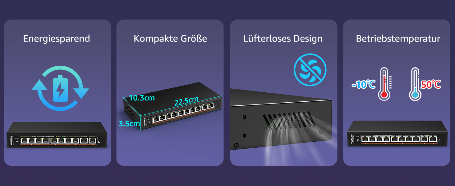 YuanLey YS25-0802T 10-Port Switch mit acht 2,5G-Ports und zwei 10G-RJ45-Ports im lüfterlosen Metallgehäuse – Detail 5