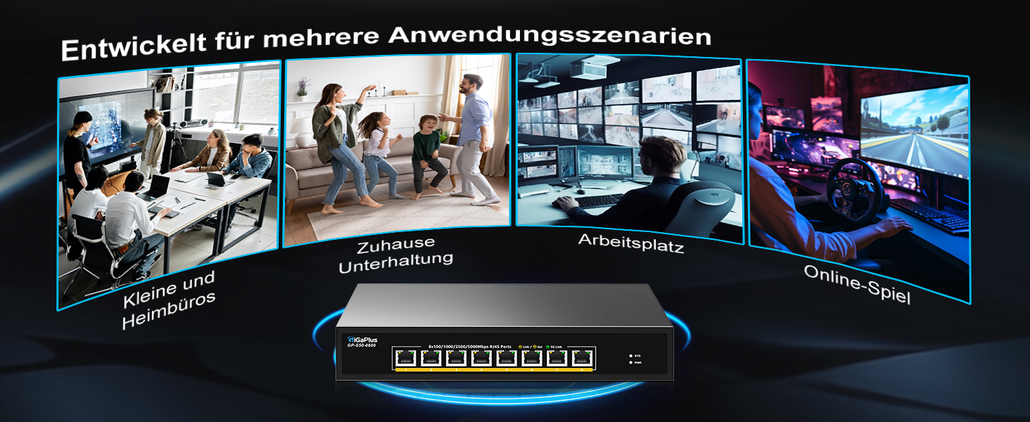 GiGaPlus S50-0800 Netzwerk-Switch mit acht RJ45-Anschlüssen für je 5 Gbit/s in schwarzem Gehäuse – Detail 5