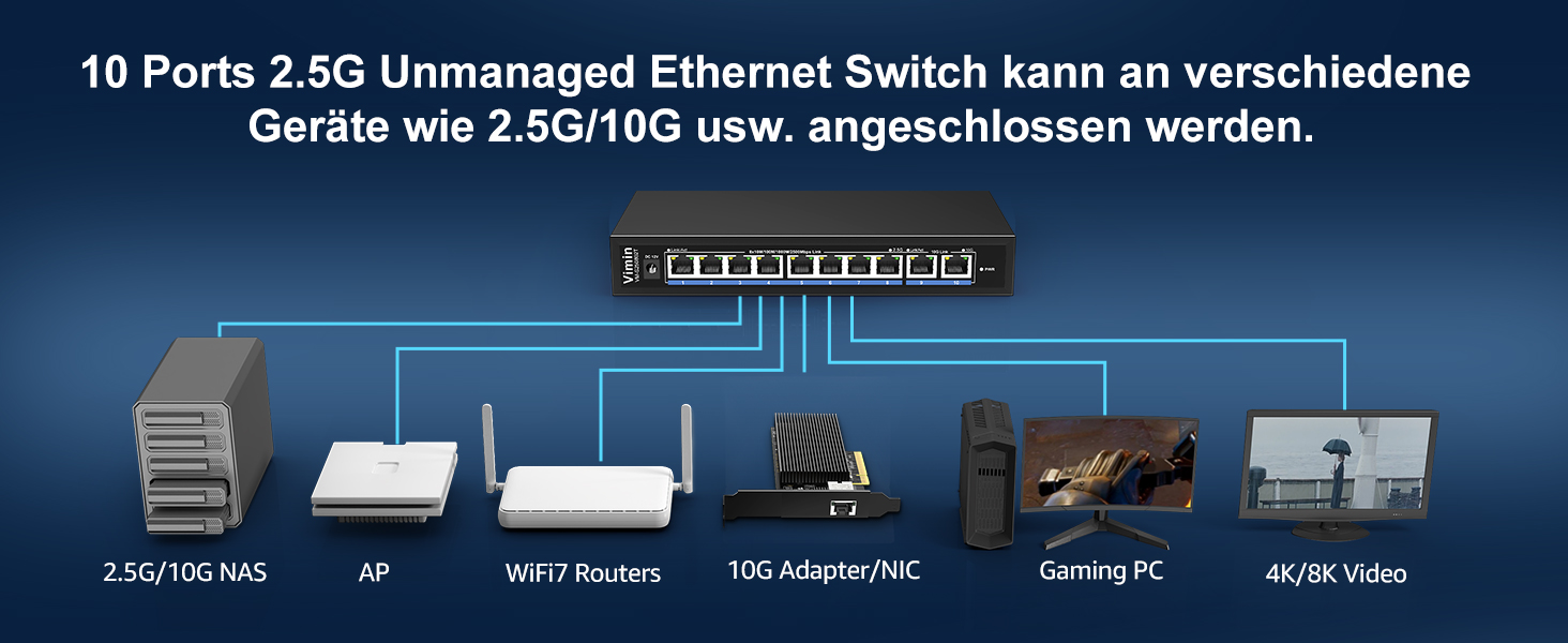 VIMIN VM-S250802T Netzwerk-Switch mit acht 2,5G-Anschlüssen und zwei 10GBASE-T-Anschlüssen in schwarzem Metallgehäuse – Detail 5