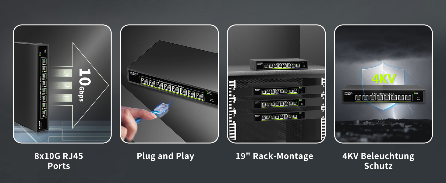 NICGIGA S100-0800T Netzwerk-Switch mit acht 10-Gbit/s-RJ45-Ports im schwarzen Metallgehäuse für die 19-Zoll-Montage – Detail 5