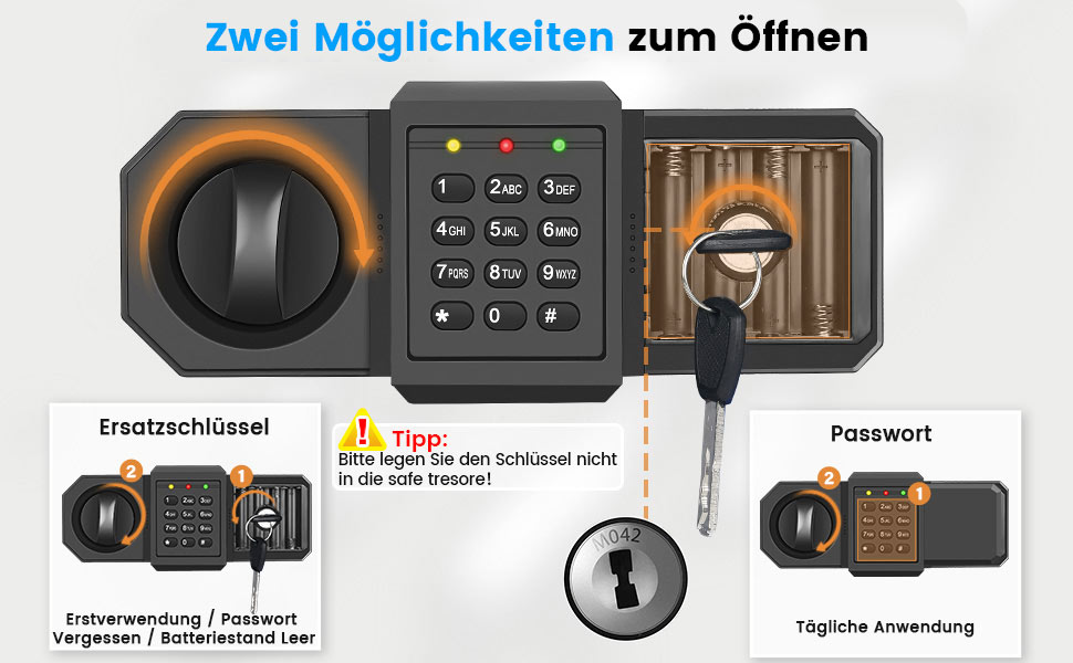 Schwarzer Tiskgg Standtresor mit 85 Liter, beleuchtete Tastatur des Zahlenschlosses und Drehknauf, geöffnete Tür mit herausnehmbarem Regal – Detail 5