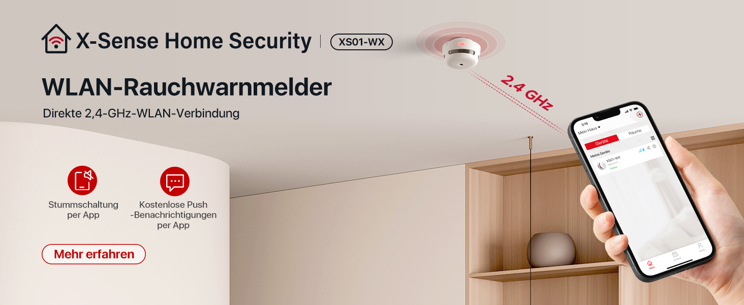 Sechs weisse X-Sense XS01-WX WLAN-Rauchmelder mit runder Testtaste in der Mitte – Detail 5