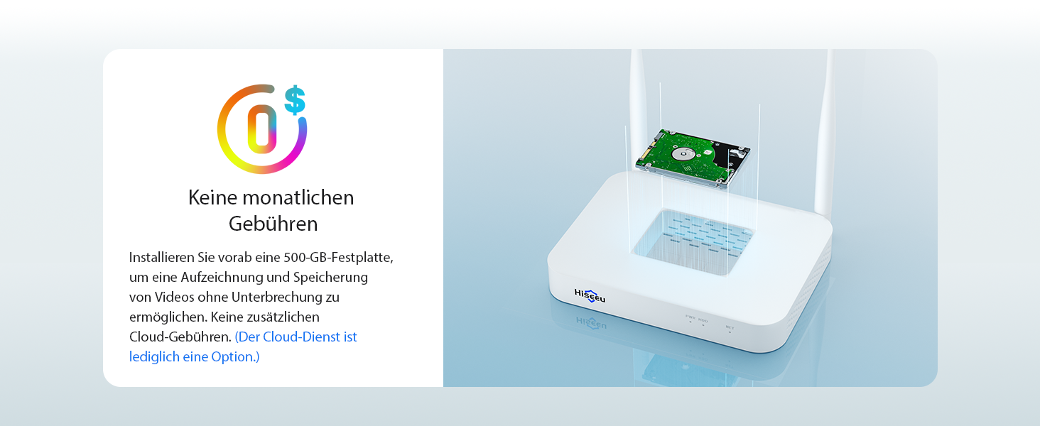 Hiseeu Solar-Kameraset: vier weisse Schwenkkameras mit aufgesetztem Solarpanel und der Funk-Rekorder mit Festplatte. – Detail 5