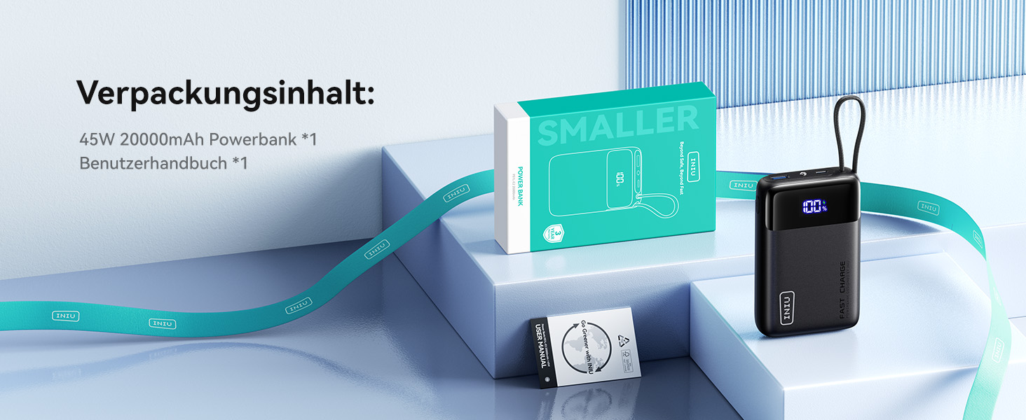 INIU P51L Powerbank 20000 mAh in Schwarz mit integriertem USB-C-Kabel und Prozentanzeige – Detail 5