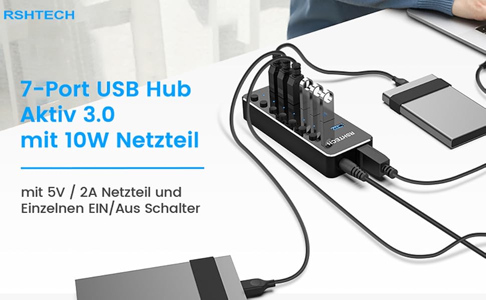 RSHTECH RSH-518 USB-3.0-Hub mit sieben Ports, Einzelschaltern und Netzteil – Detail 2