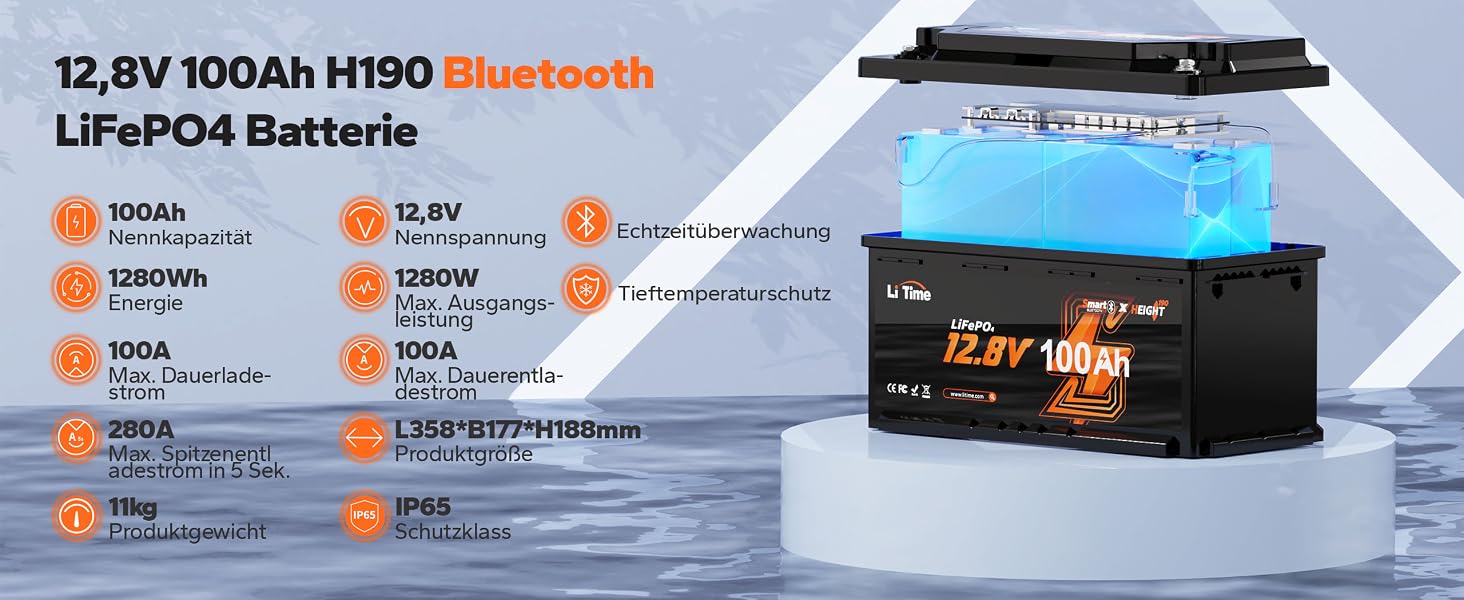 LiTime 12V 100Ah LiFePO4-Akku H190 mit Bluetooth – Detail 6