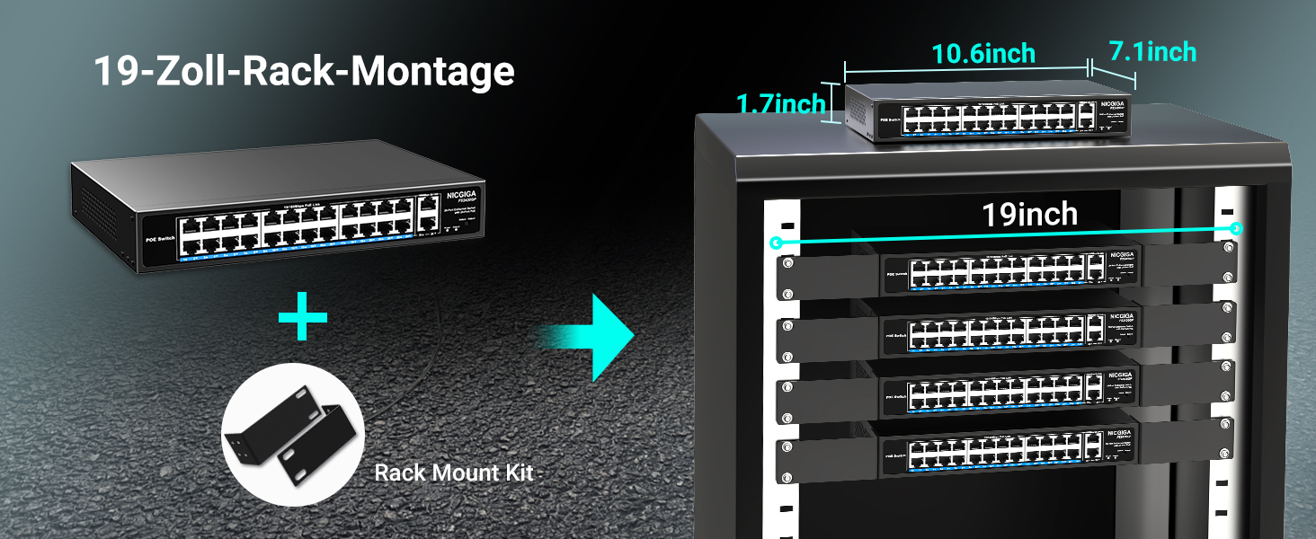 Schwarzer 19-Zoll-PoE-Switch NICGIGA FS2420GP mit 24 PoE-Ports und zwei Uplink-Ports an der Frontseite. – Detail 6