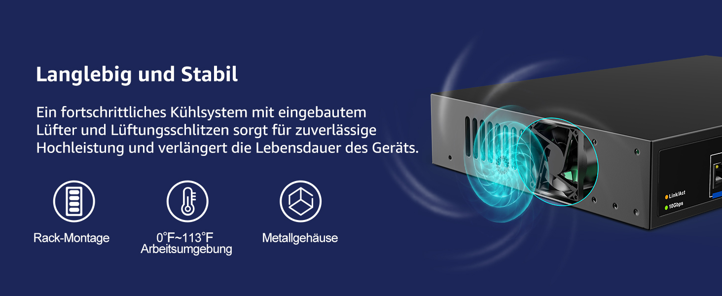 Schwarzer VIMIN 10-Gigabit-PoE-Switch mit acht RJ45-Ports im Metallgehäuse, Frontansicht. – Detail 6