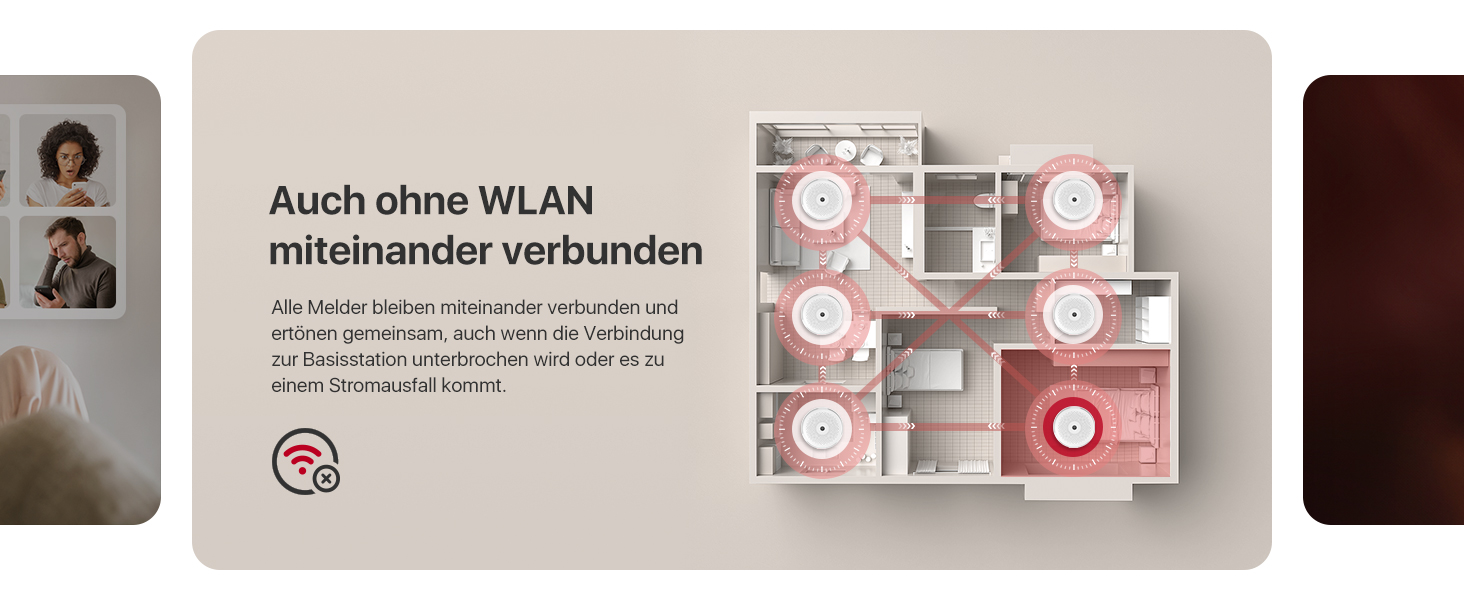 Weisser Rauchmelder X-Sense XS01-M neben der flachen quadratischen Basisstation SBS50 des Sets FS61. – Detail 6
