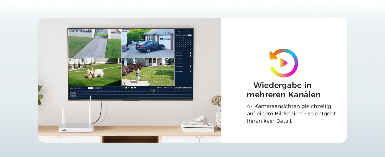 Hiseeu Solar-Kameraset: vier weisse Schwenkkameras mit aufgesetztem Solarpanel und der Funk-Rekorder mit Festplatte. – Detail 6