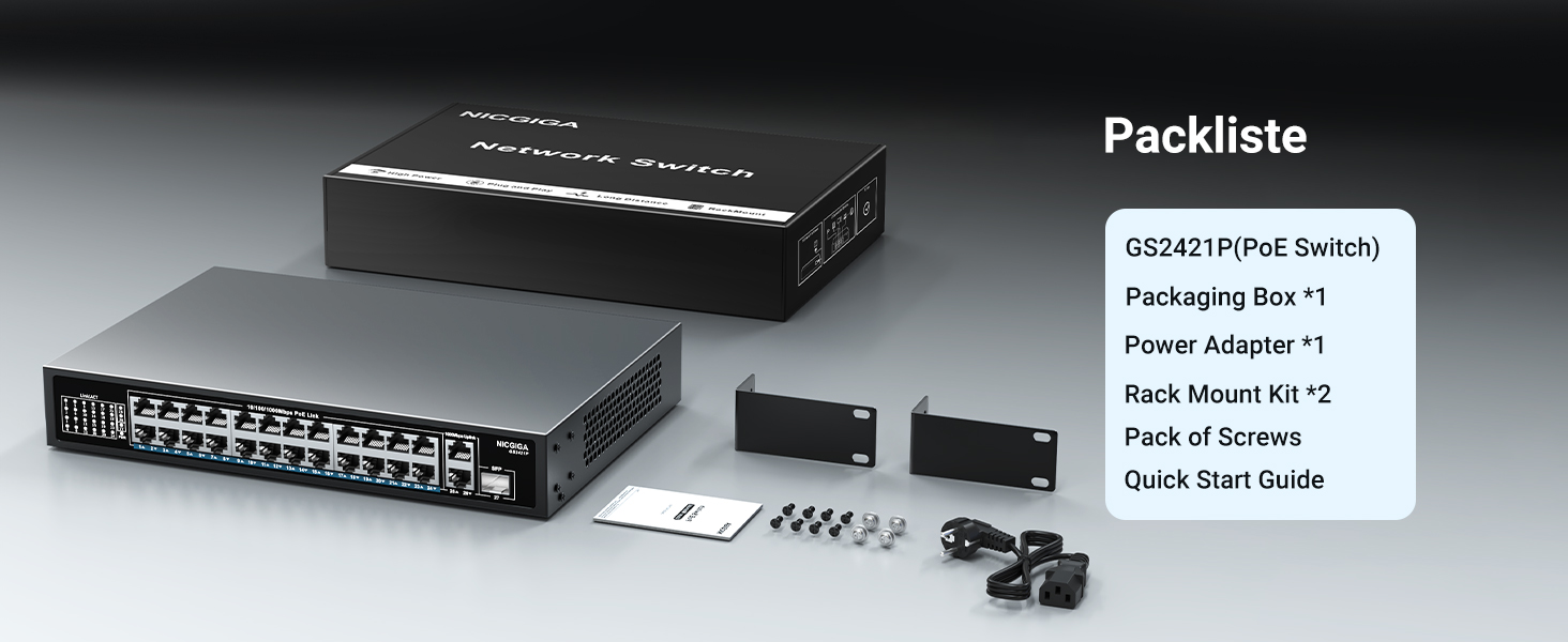 NICGIGA NIC-GS2421P PoE-Switch im schwarzen Metallgehäuse mit 24 PoE-Ports, zwei Uplink-Ports und SFP-Steckplatz. – Detail 6