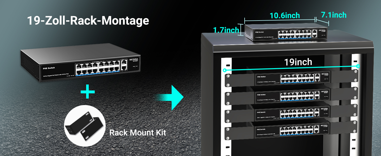 NICGIGA GS1620P PoE-Switch im 19-Zoll-Metallgehäuse mit 16 PoE-Ports und zwei Gigabit-Uplinks. – Detail 6