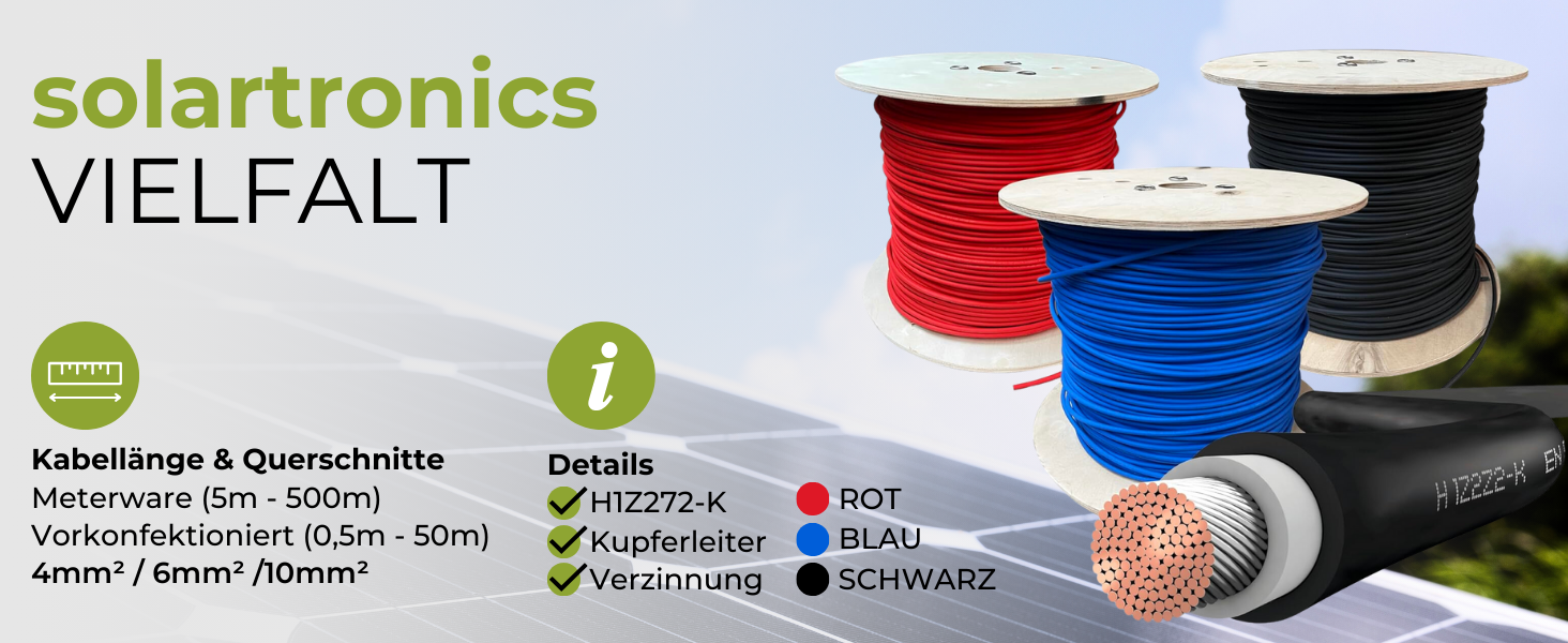Aufgerolltes Solarkabel in Rot und Schwarz mit ab Werk montierten Solarsteckern an beiden Enden. – Detail 6