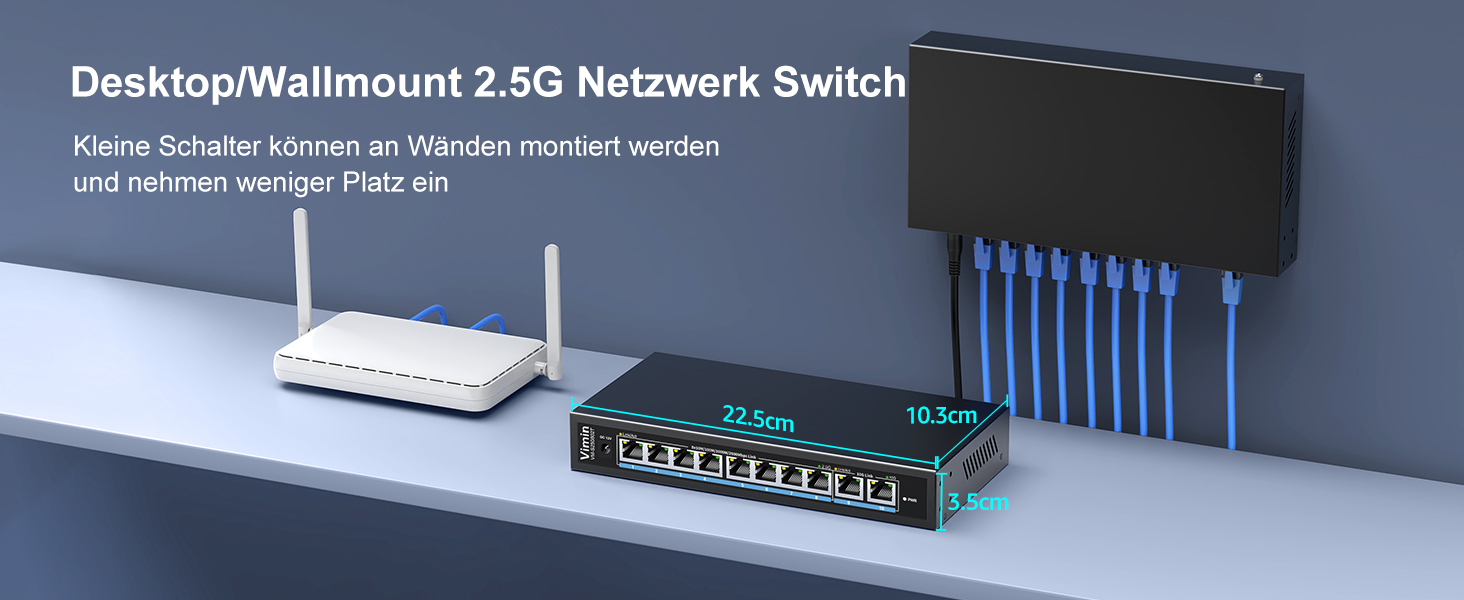 VIMIN VM-S250802T Netzwerk-Switch mit acht 2,5G-Anschlüssen und zwei 10GBASE-T-Anschlüssen in schwarzem Metallgehäuse – Detail 6