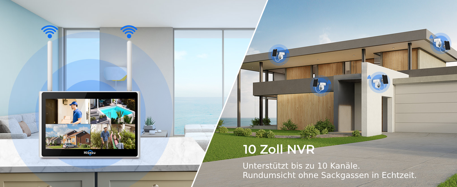 Hiseeu Solar-Kameraset mit vier Aussenkameras samt Solarpanel und dem Rekorder mit 10-Zoll-Bildschirm. – Detail 6