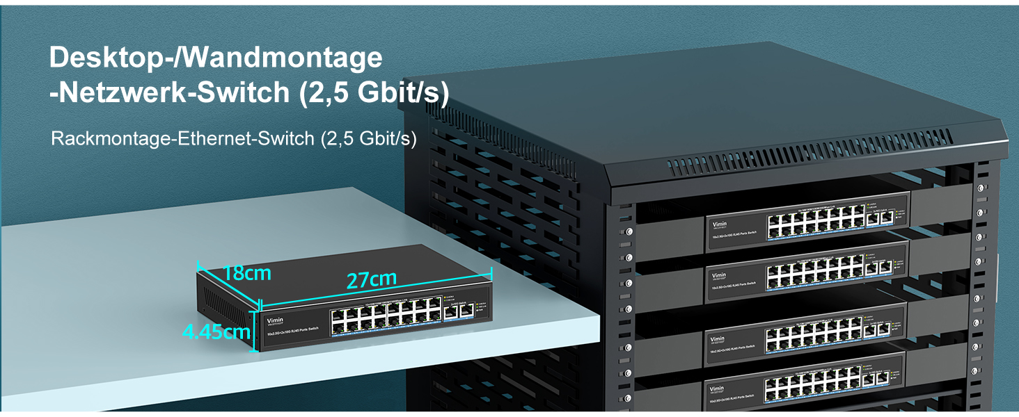 VIMIN VM-S251602T Netzwerk-Switch mit 16 Ports zu 2,5 Gbit/s und zwei 10-Gbit/s-RJ45-Ports im schwarzen Metallgehäuse – Detail 6