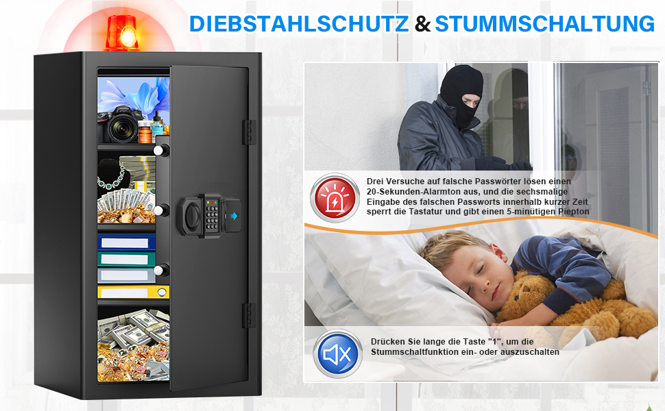 Schwarzer Tiskgg Standtresor mit 85 Liter, beleuchtete Tastatur des Zahlenschlosses und Drehknauf, geöffnete Tür mit herausnehmbarem Regal – Detail 6