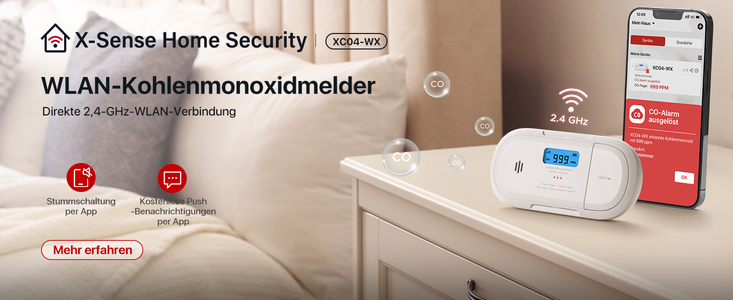 Sechs weisse X-Sense XS01-WX WLAN-Rauchmelder mit runder Testtaste in der Mitte – Detail 6