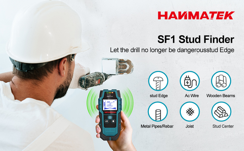HANMATEK SF1 Wandscanner in Blaugrün und Schwarz mit LCD-Anzeige an einer Wand – Detail 2