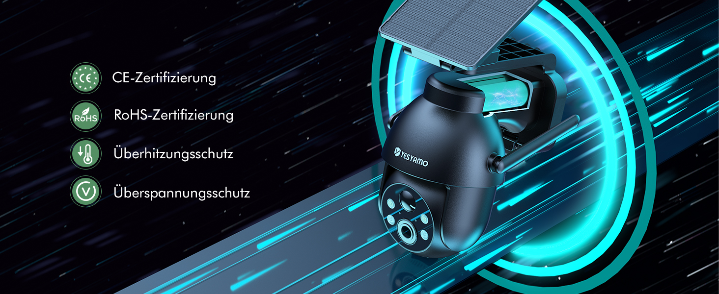 Zwei graue YESYAMO C8TB Solar-Überwachungskameras mit schwenkbarem Kopf und Solarpanel – Detail 6