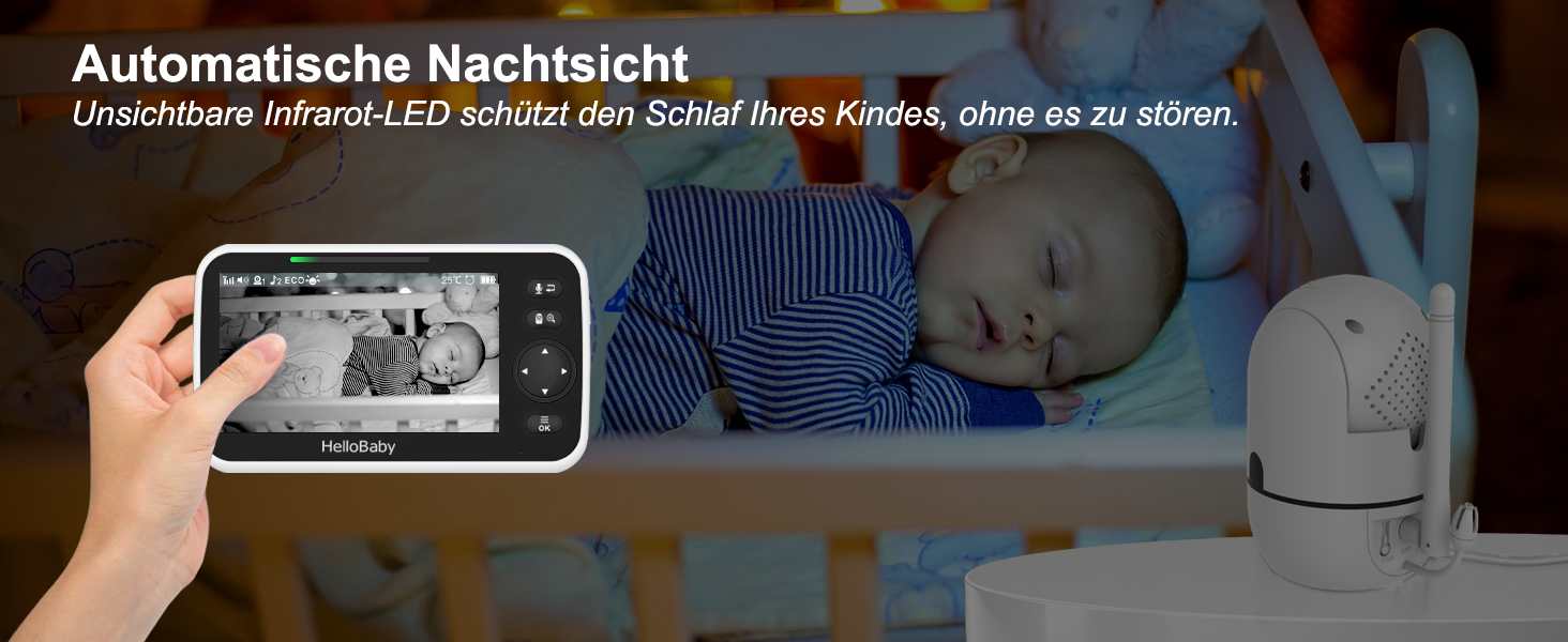 HelloBaby HB6550 Babyphone mit 5-Zoll-Monitor und schwenkbarer Kamera mit Infrarot-Nachtsicht – Detail 7