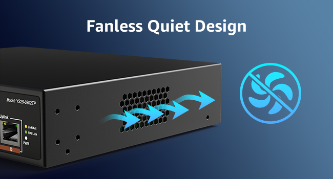Schwarzer YuanLey 2,5-Gigabit-PoE-Switch mit acht PoE-Ports und zwei 10-Gigabit-Uplinks im lüfterlosen Metallgehäuse. – Detail 7