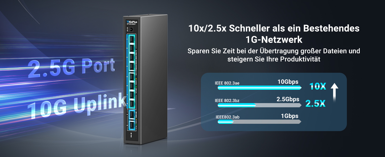 GiGaPlus S25-0802T Netzwerk-Switch im schwarzen Metallgehäuse mit acht 2.5G-Ports und zwei 10G-RJ45-Uplinks. – Detail 7