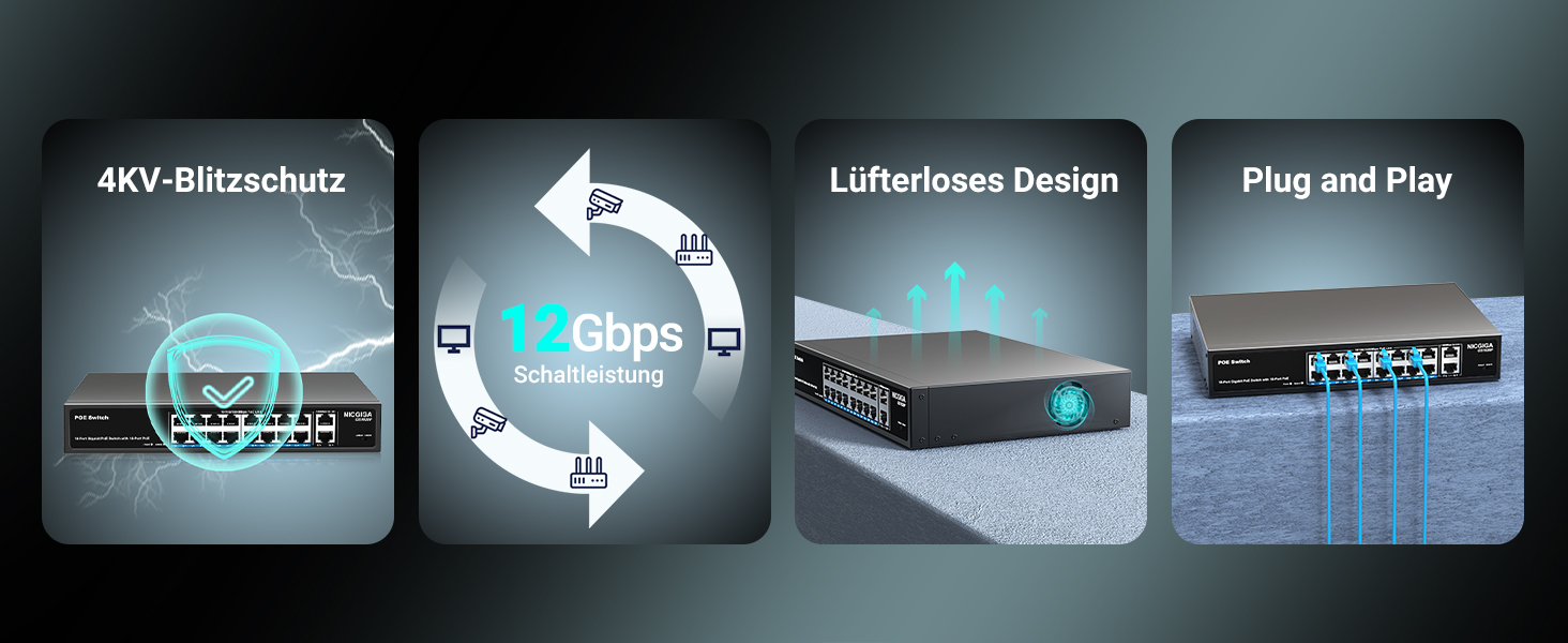 NICGIGA GS1620P PoE-Switch im 19-Zoll-Metallgehäuse mit 16 PoE-Ports und zwei Gigabit-Uplinks. – Detail 7